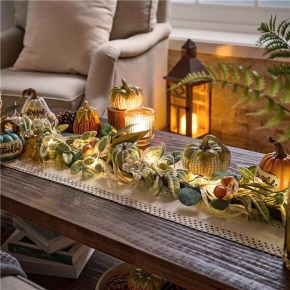 6ft Fall Garland with Pumpkins & Lights for Mantel, Autumn Thanksgiving Decor - Picture 2 of 7